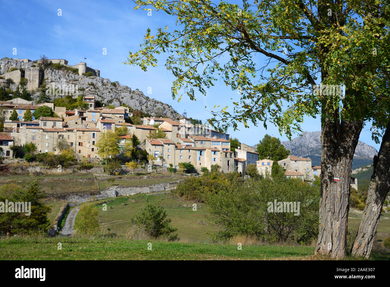 View of Historic Village of Trigance, framed by tree, near the Verdon Gorge, Parc Naturel Régional du Verdon, Var Provence France Stock Photo