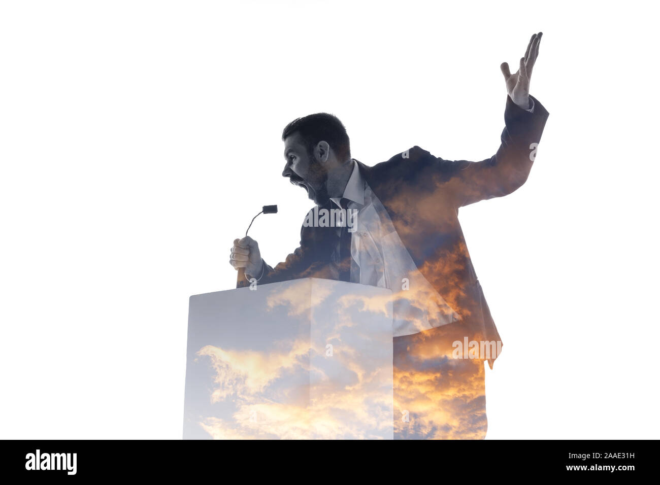 Scream. Speaker, coach or chairman during politician speech isolated on white background. Double exposure - truth and lies. Business training, speaking, promises, economical and financial relations. Stock Photo
