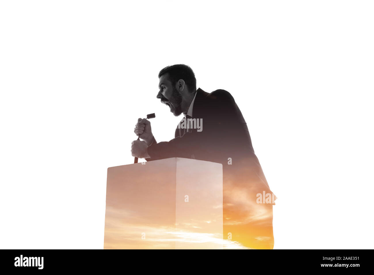 Scream. Speaker, coach or chairman during politician speech isolated on white background. Double exposure - truth and lies. Business training, speaking, promises, economical and financial relations. Stock Photo