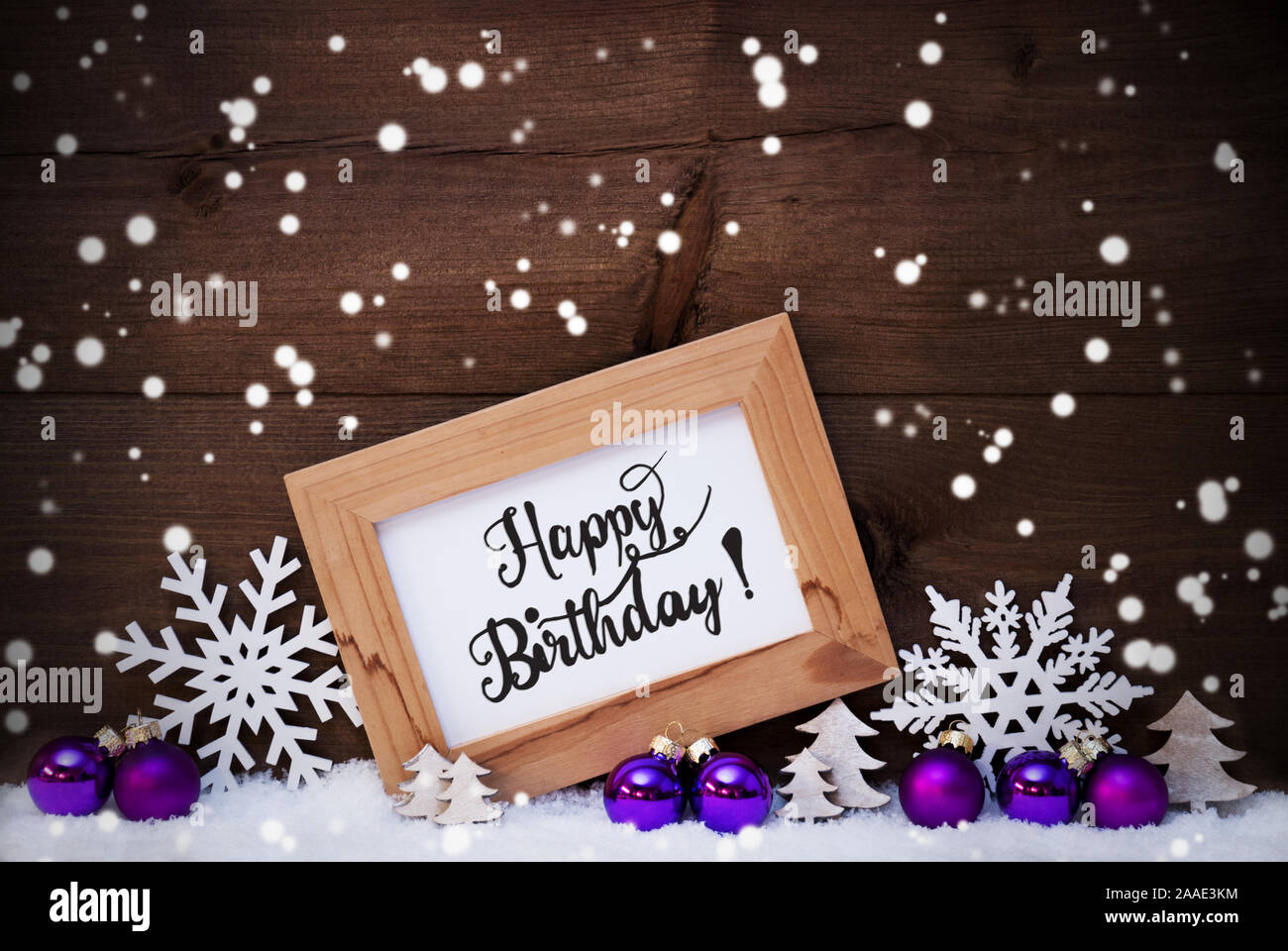 Frame Purple Ball Tree Snow Snowflakes Calligraphy Happy