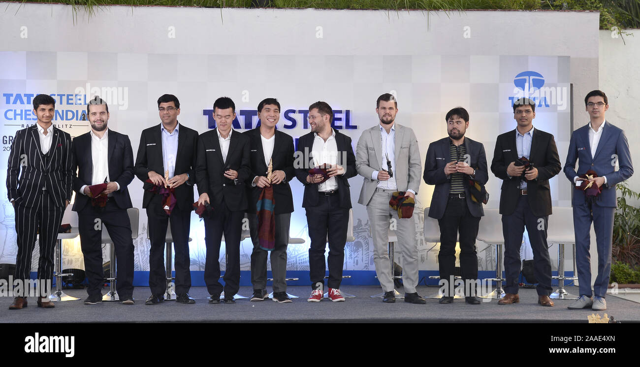 Kolkata, India. 21st Nov, 2019. GM Vidith Gujrathi, Ian Nepomniachtchi,  Viswanathan Anand, Ding Liren, Wesley So, Levon Aronian, Magnus Carlsen,  Hikaru Nakamura, Pentala Harilkrishna and Anish Giri the participating at  Tata steel