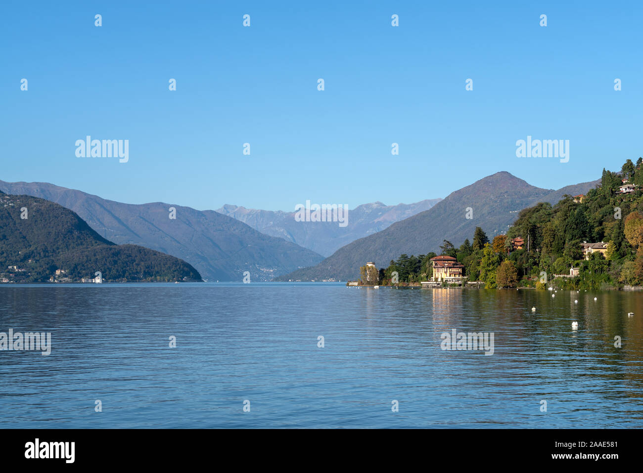 Lake Maggiore seen about Luino, Province of Varese, Lombardy region, Northern Italy Stock Photo