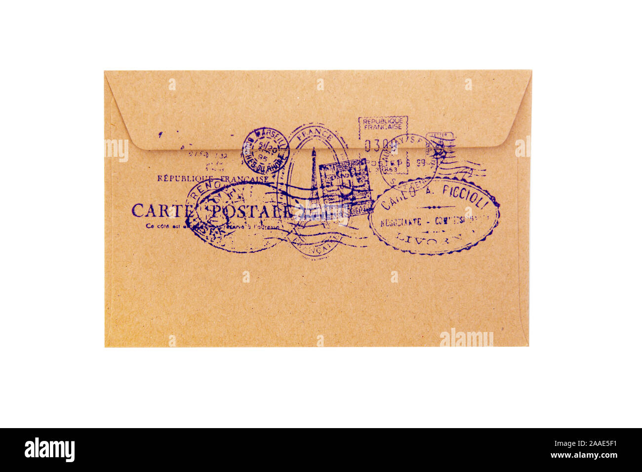 Envelope with stamps of Paris, the capital of France on a white background. Stock Photo