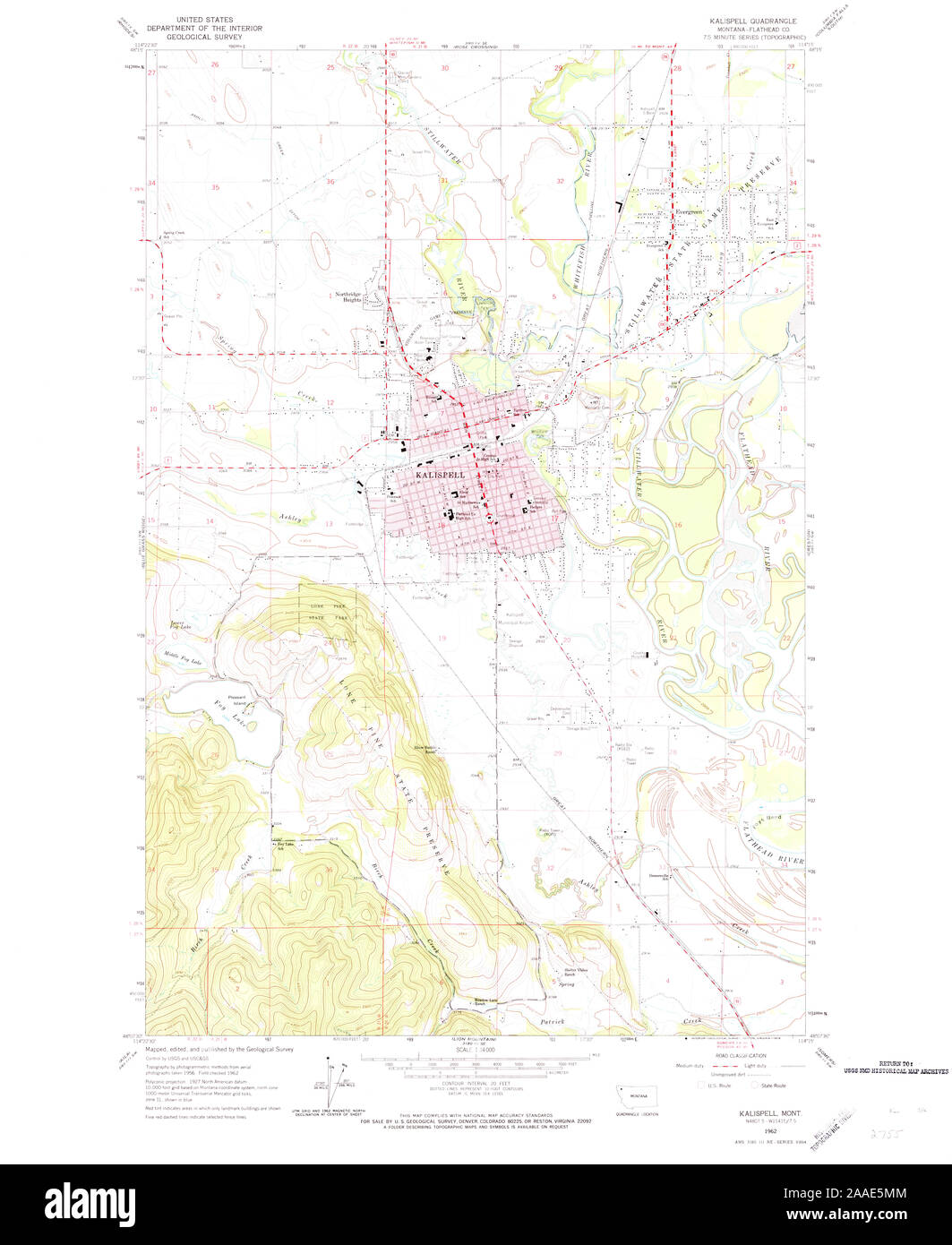 USGS TOPO Map Montana MT Kalispell 264722 1962 24000 Restoration Stock Photo