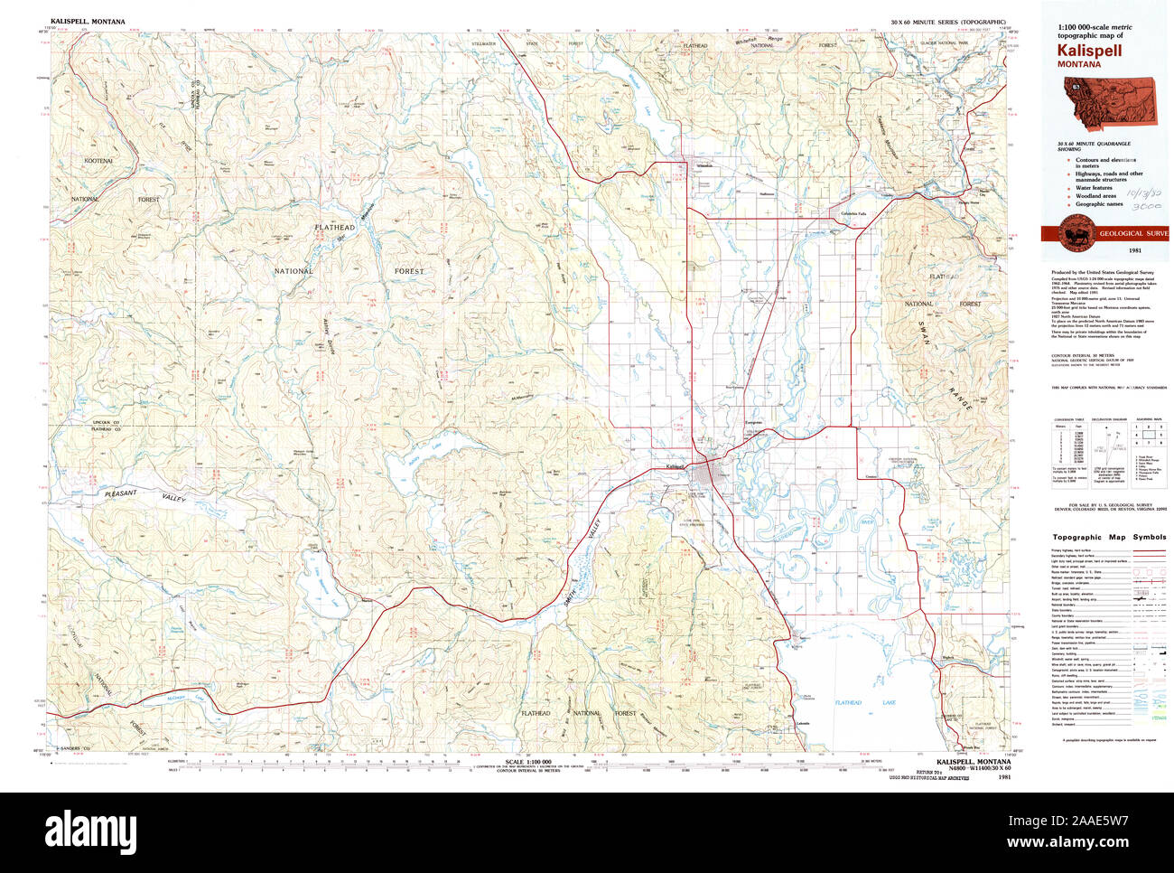 USGS TOPO Map Montana MT Kalispell 268426 1981 100000 Restoration Stock Photo