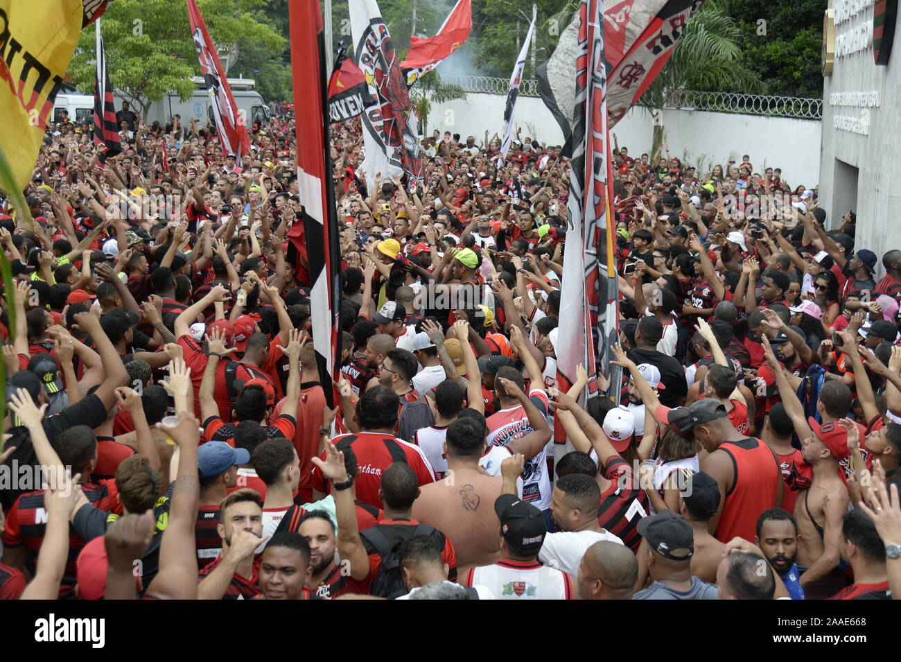 Rio de Janeiro - Brazil November 20, 2019, Club Flamengo fans, having a party at the door of the training center, leaving the players to go to the Li Stock Photo