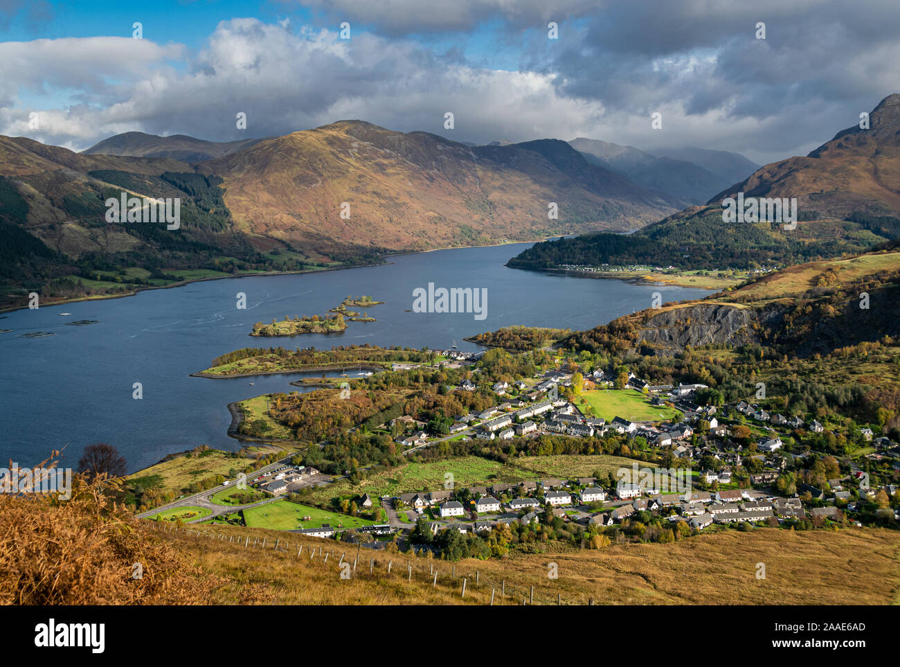 Ballachulish village and Loch Leven in autumn in Glen Coe, popular Scottish tourist destination. Stock Photo