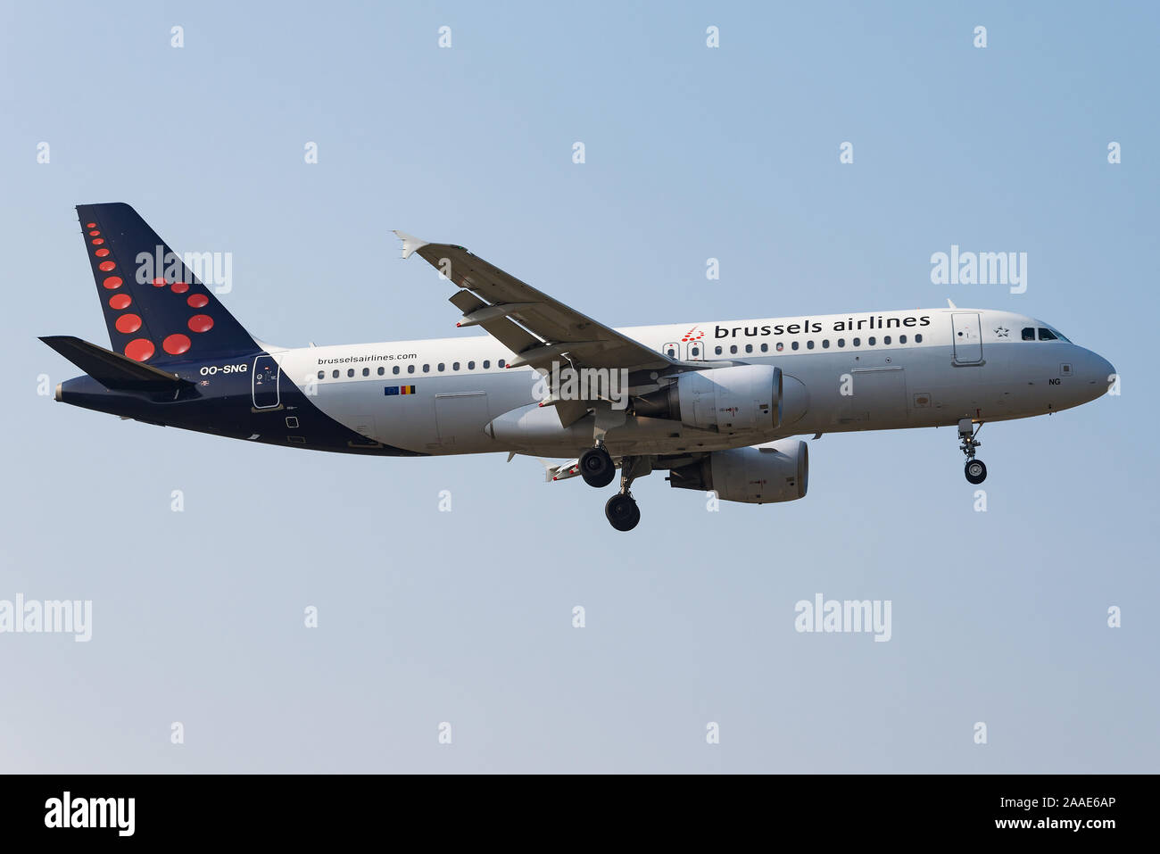 A Brussels Airlines Airbus A320 passenger aircraft is ready to land at Brussels International Airport. Stock Photo