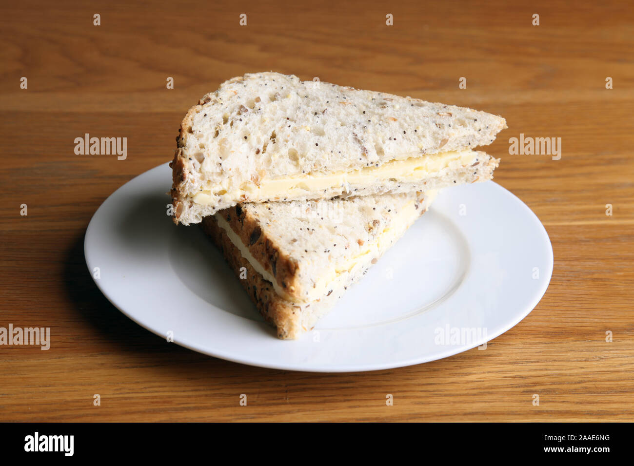 A Plain Cheese Sandwich served with multigrain bread cut in half on white plate on wooden dinner table Stock Photo