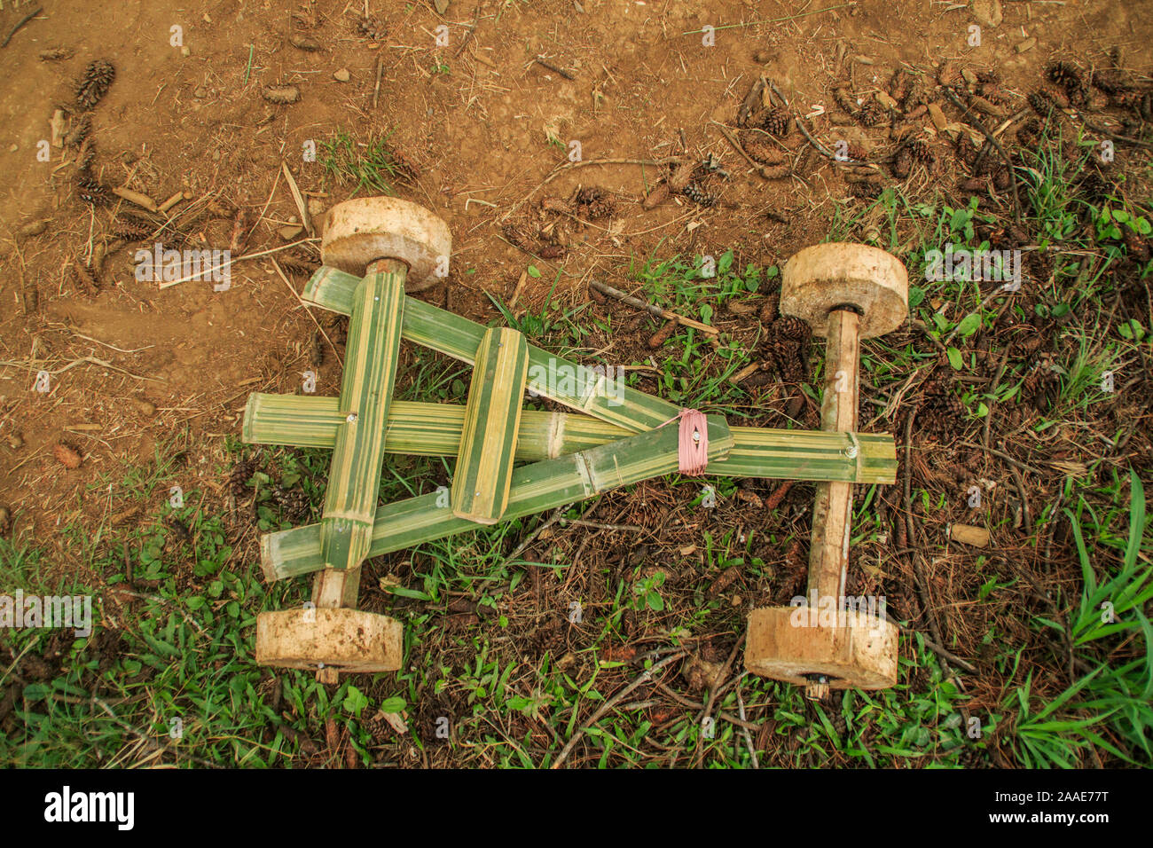 A bamboo car seen in Batu Lonceng Village, Lembang.The traditional game is a hereditary tradition held during the growing season holidays as well as entertainment to villagers. Stock Photo