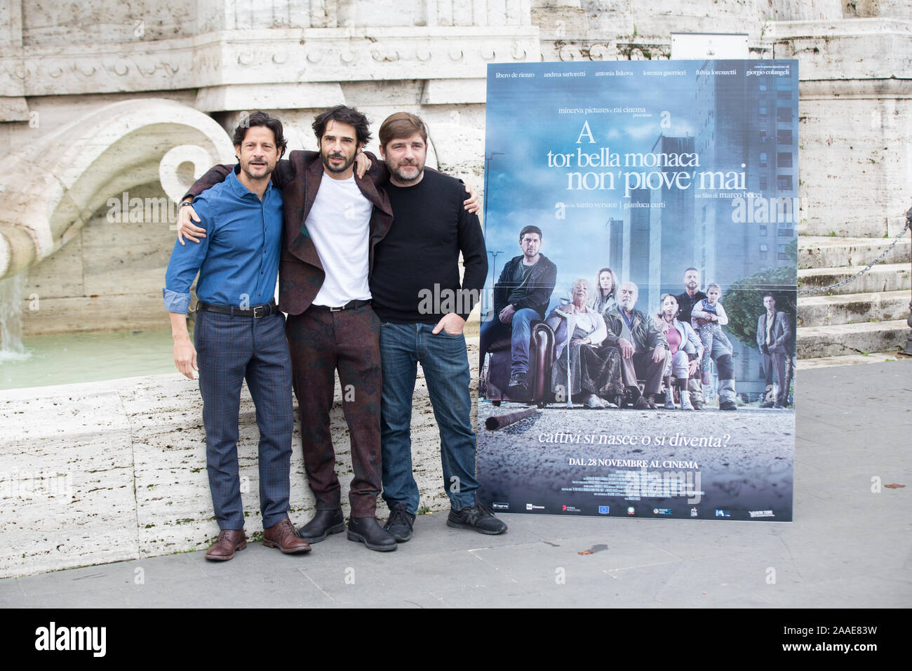 Roma, Italy. 21st Nov, 2019. Marco Bocci, Andrea Sartoretti and Libero De  Rienzo Photocall of the Italian film "A Tor Bella Monaca Non Piove Mai" at  Piazza Cavour in Rome (Photo by