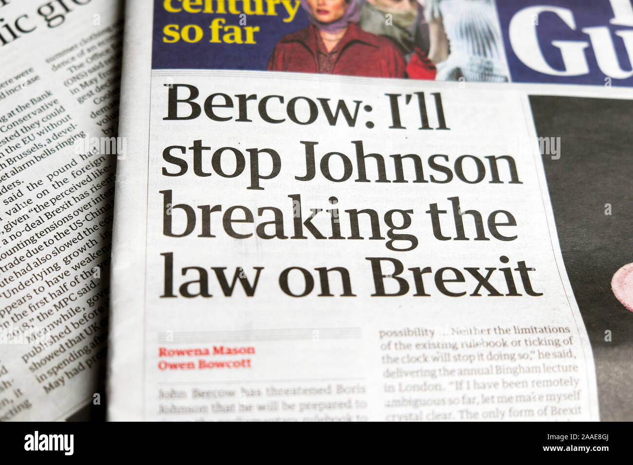 'Bercow: I'll stop Johnson breaking the law on Brexit' front page newspaper headline in The Guardian paper on 12 September 2019 London England UK Stock Photo