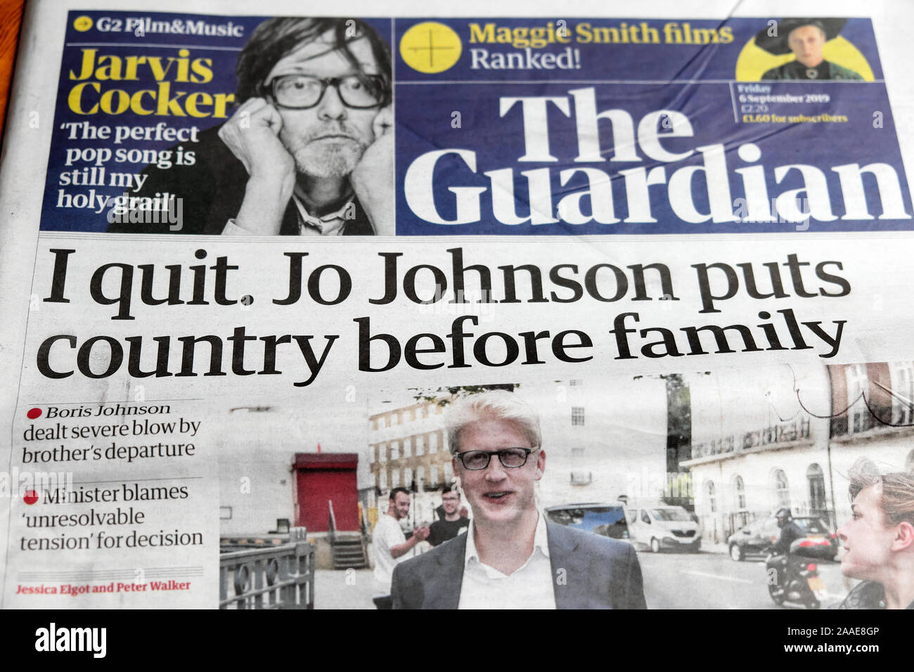 'I quit. Jo Johnson puts country before family' newspaper headline in The Guardian newspaper on 6 September 2019  in London, England UK Stock Photo
