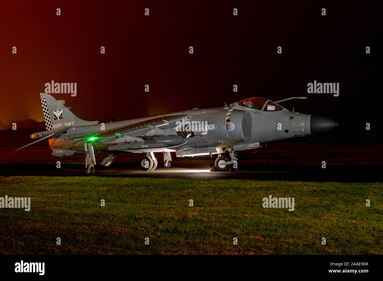 Royal Navy Sea Harrier FA.2, ZH796, 001, at RAF Cosford Nightshoot in association with Threshold.Aero Stock Photo