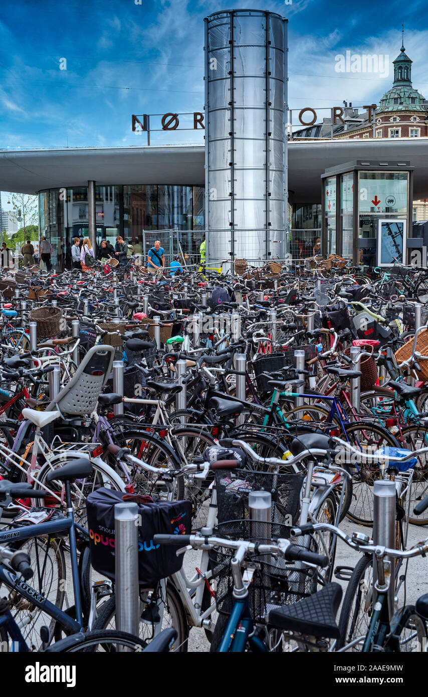 Lots of bikes at Norreport tube station in Copenhagen,Denmark. Stock Photo