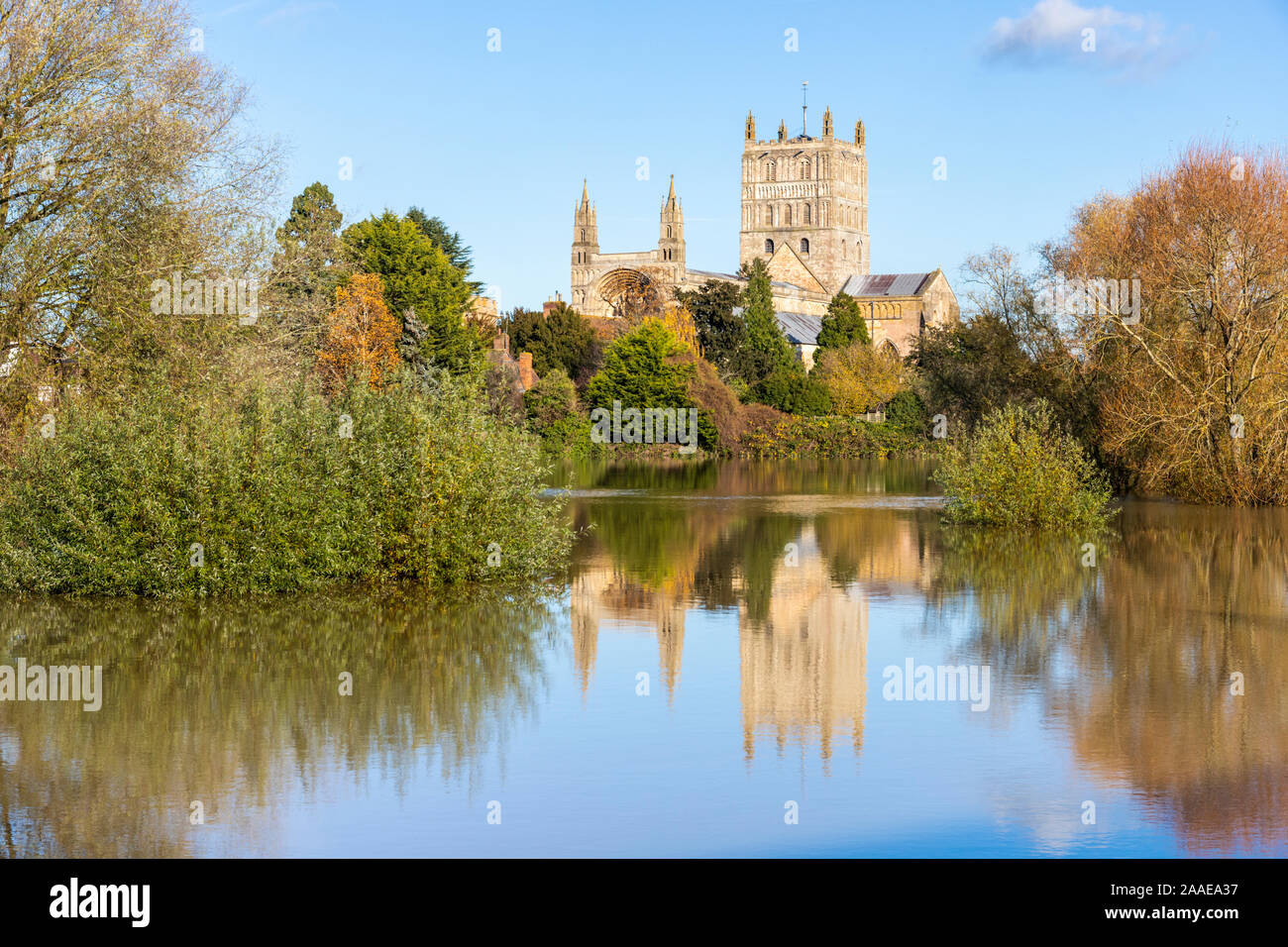Tewkesbury Abbey reflected in floodwater on 18/11/2019. Tewkesbury, Severn Vale, Gloucestershire UK Stock Photo