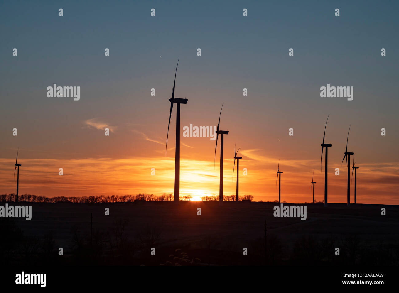Westboro, Missouri - Wind turbines at sunset in northwestern Missouri. Stock Photo