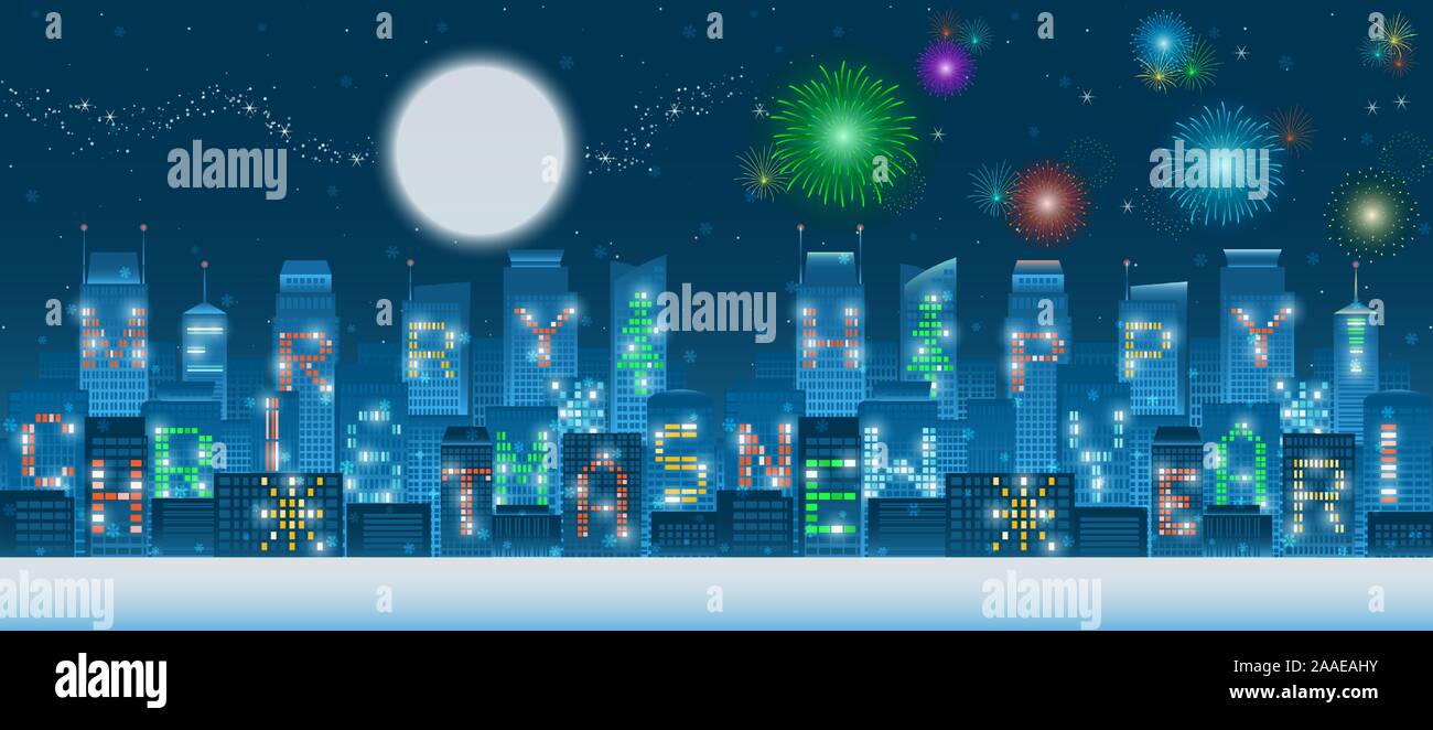 Two in one set of panoramic Merry Christmas and Happy New Year alphabets on illuminated windows of high rise buildings in a night city with snow flake Stock Vector