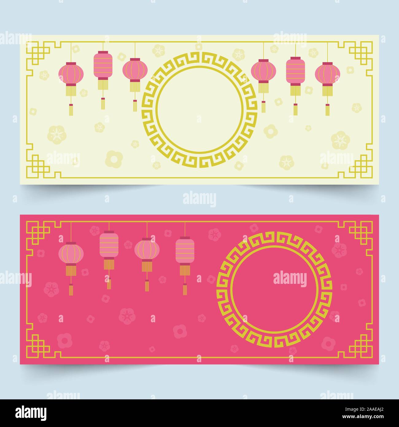 Chinese festival banner set with hanging red lanterns, gold oriental circular and rectangular frame on yellow and red background, new year celebration Stock Vector
