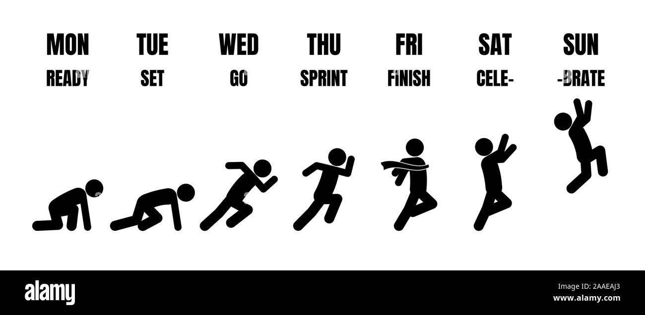 Weekly working life cycle evolution from Monday to Sunday in black stick figure running steps from starting point to finishing line on white backgroun Stock Vector
