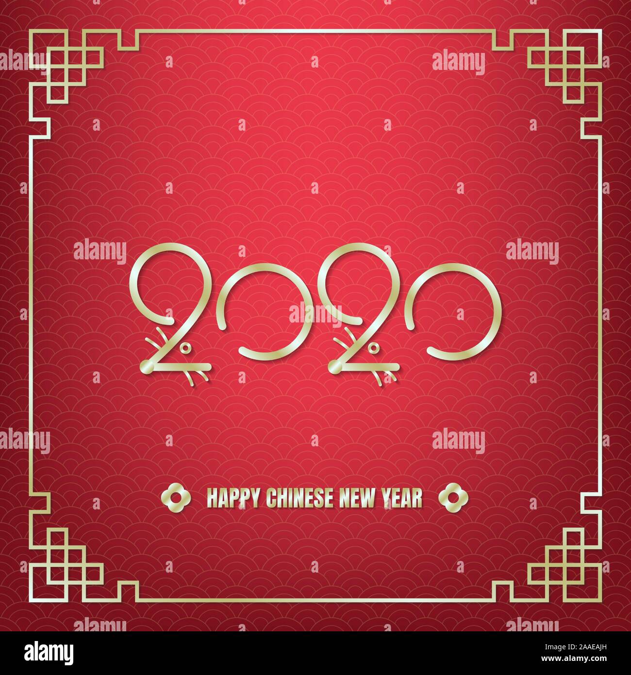 Happy Chinese New Year, year of the rat celebration, gold 2020 number with rat ears, noses, eyes and whiskers in line art style inside oriental frame Stock Vector
