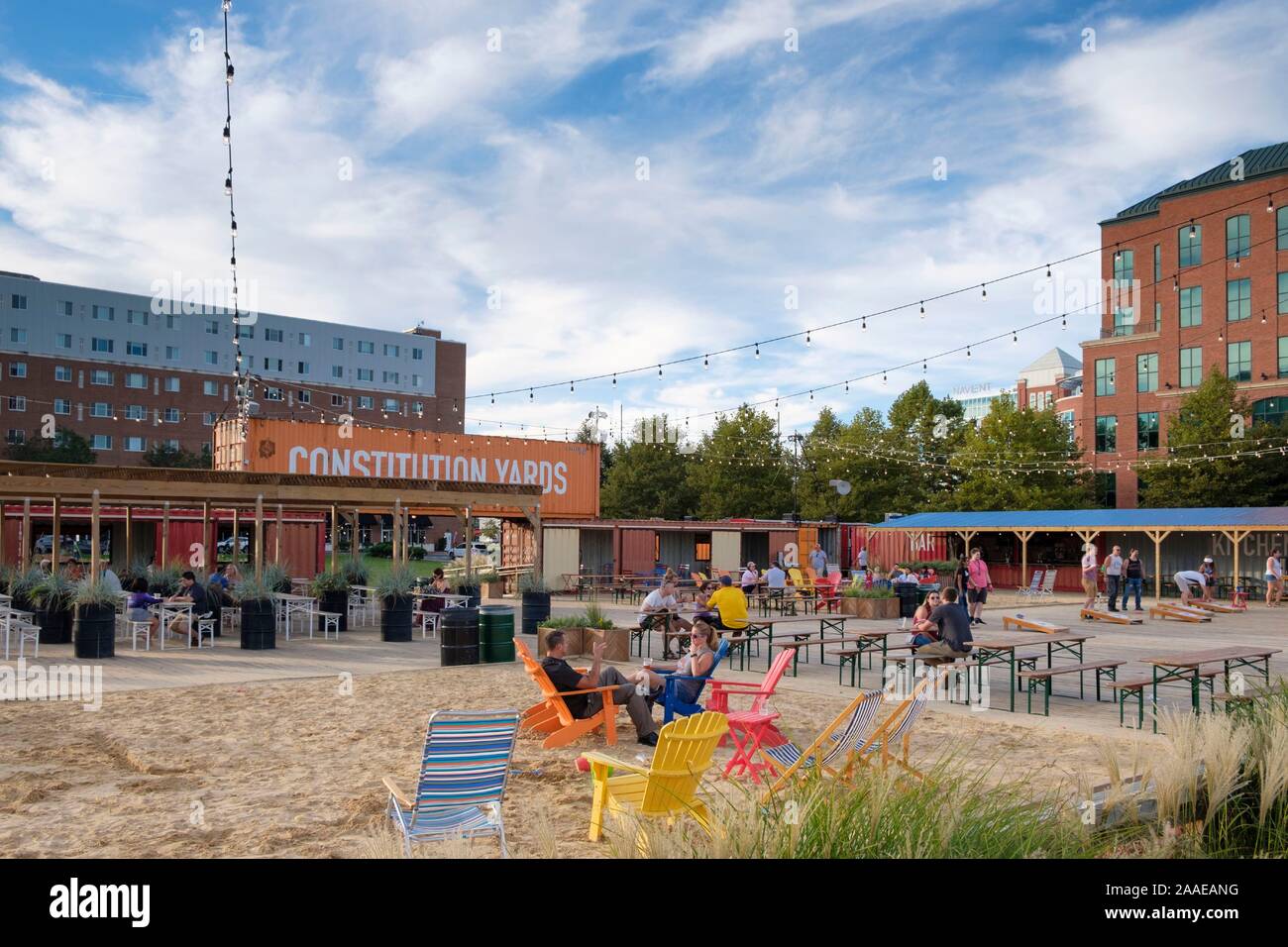 Constitution Yards Pop-Up Beer Garden at Justison Landing, along the Christina River walk Wilmington, Delaware, USA Stock Photo