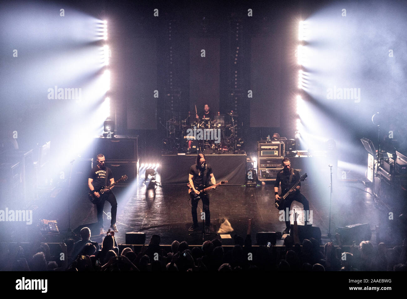Oslo, Norway. 17th, November 2019. The American hard rock band Alter Bridge performs a live concert at Sentrum Scene in Oslo. Here guitarist and singer Myles Kennedy is seen live on stage with guitarist Mark Tremonti (R), bass player Brian Marshall (L) and drummer Scott Phillips. (Photo credit: Gonzales Photo - Terje Dokken). Stock Photo