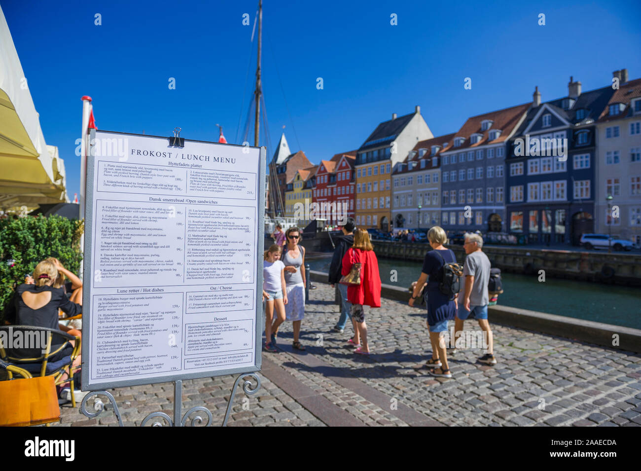 A menu card outside a restaurant near the Waterfront in Copenhagen, Denmark Stock Photo