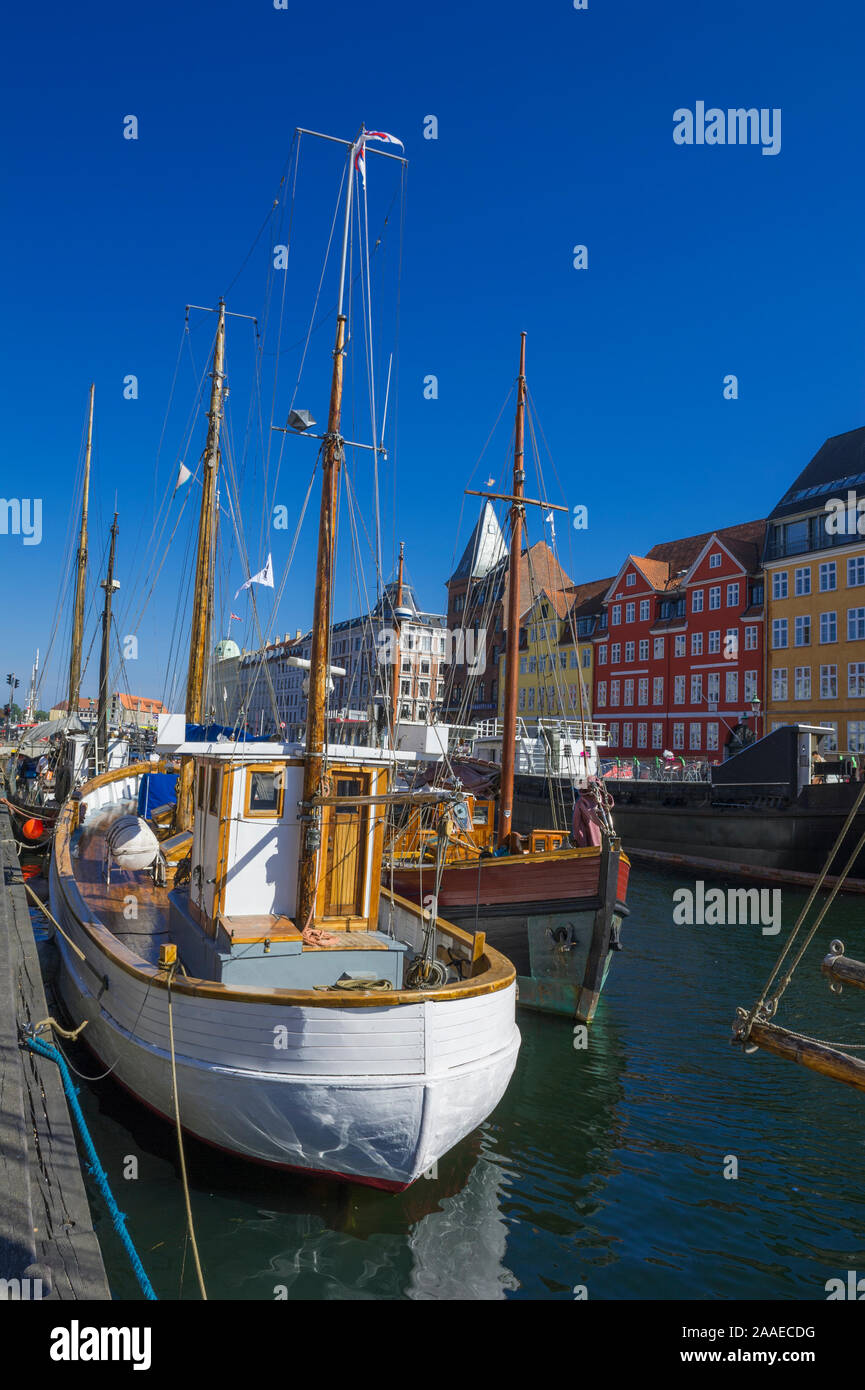 Moored sailing boats in the canal in Copenhagen, Denmark Stock Photo