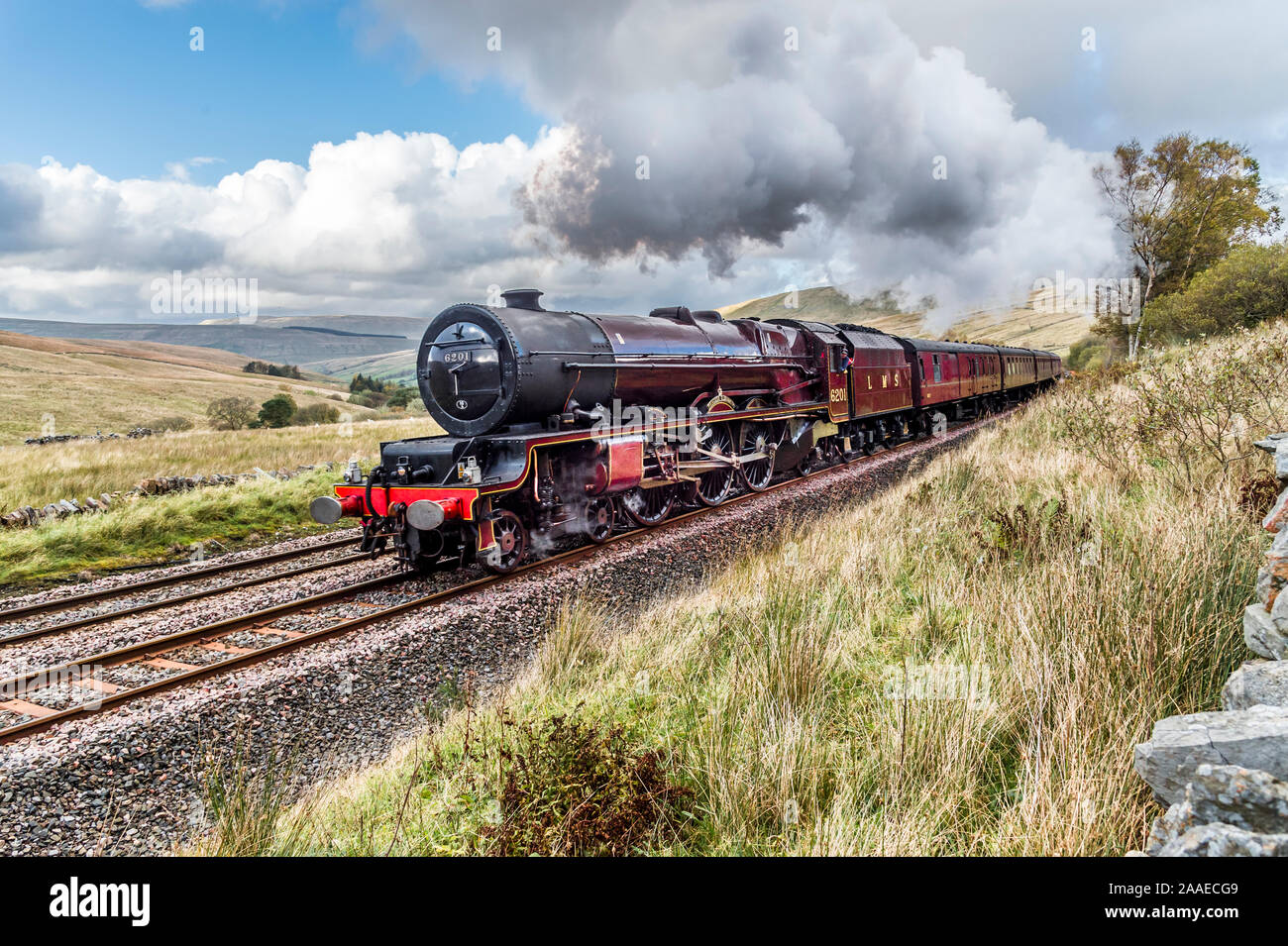 The LMS 4-6-2 Princess Royal Class, Princess Elizabeth 6201 steam train also known as Lizzie on the Settle to Carlisle line in the Yorkshire Dales Stock Photo