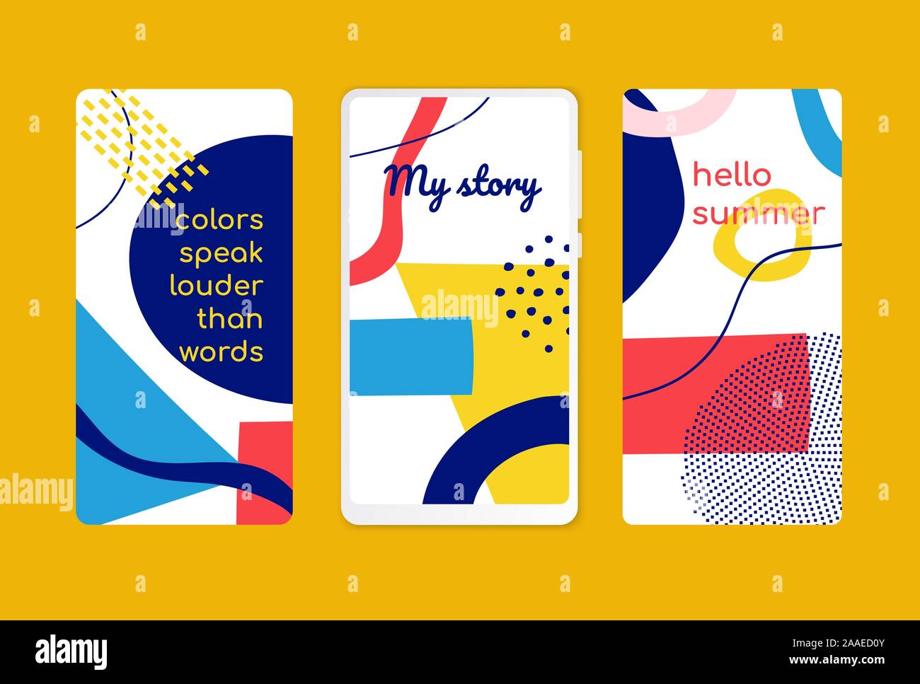 Hello summer memphis style onboarding screens templates Stock Vector
