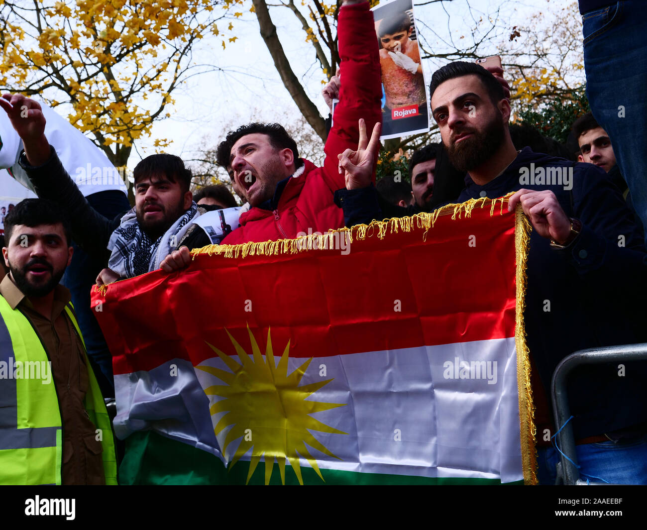 London, UK. 20th November, 2019. Iranians from London protest outside the Iranian embassy against the alleged abuses by the government of Iran, demanding democracy and freedom for the Kurdish population. Credit: Joe Kuis / Alamy News Stock Photo