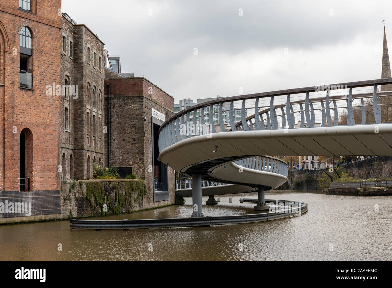 Close up of the curved steel bridge at Finzels Reach called Castle