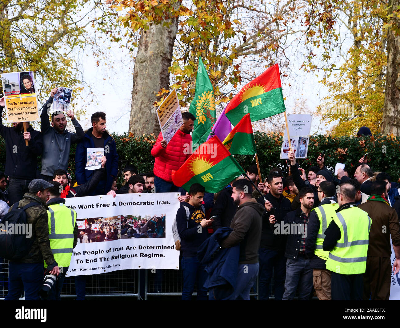 London, UK. 20th November, 2019. Iranians from London protest outside the Iranian embassy against the alleged abuses by the government of Iran, demanding democracy and freedom for the Kurdish population. Credit: Joe Kuis / Alamy News Stock Photo