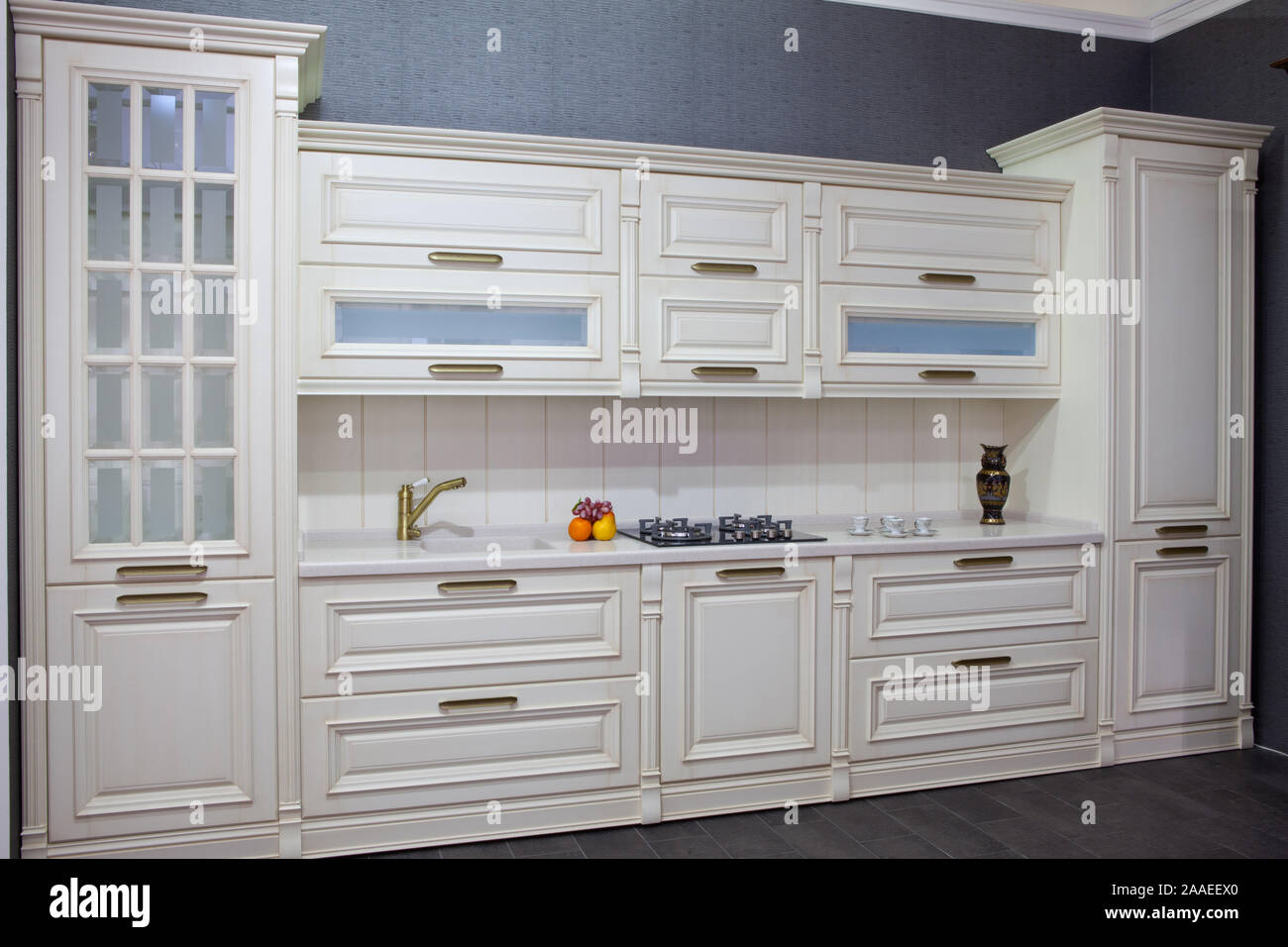 Modern wooden white kitchen in the interior Stock Photo Alamy