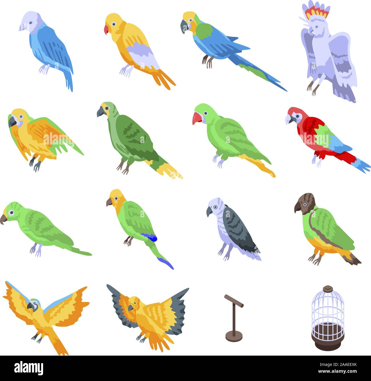 Parrot icons set, isometric style Stock Vector