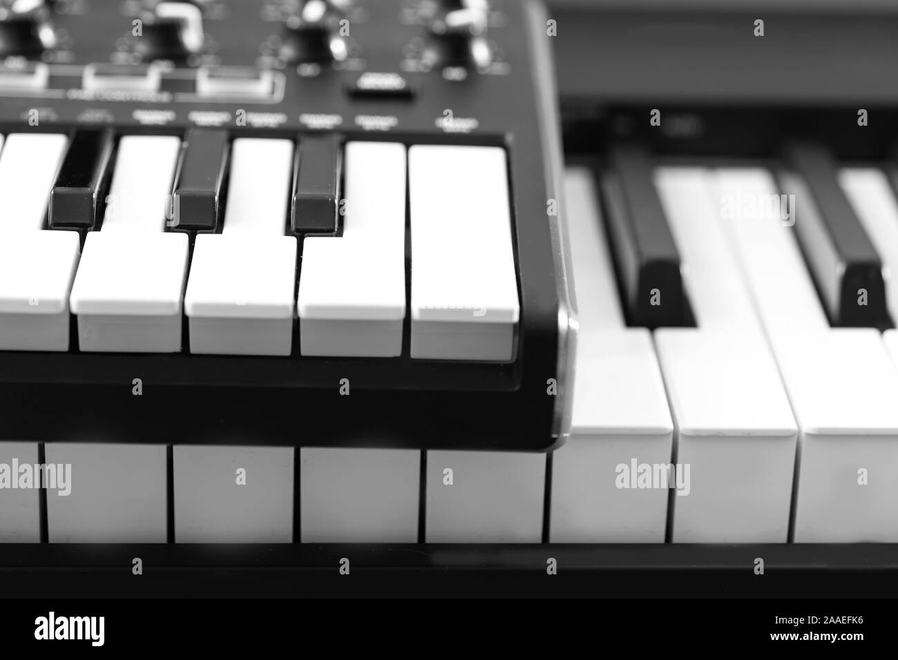 Electronic piano . Black and white photo, Musical Background Stock