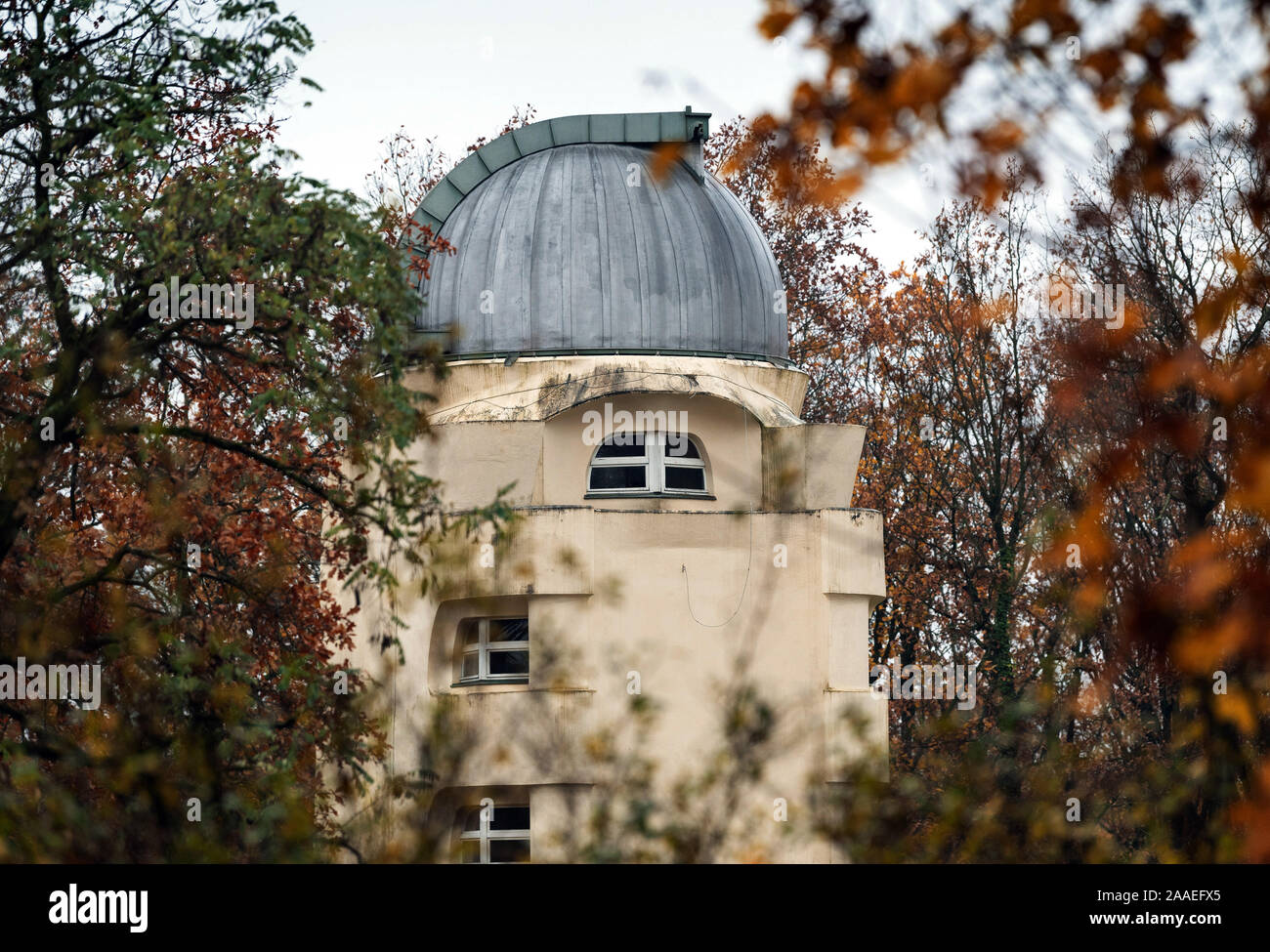 Potsdam, Germany. 18th Nov, 2019. The Einstein Tower, designed by Erich Mendelsohn, is set between autumnal leafy trees in the Albert Einstein Science Park. The park was created in the middle of the 19th century with astronomical, meteorological and geoscientific observatories. The architect Paul Spieker was the planner of the park. Credit: Soeren Stache/dpa-Zentralbild/ZB/dpa/Alamy Live News Stock Photo