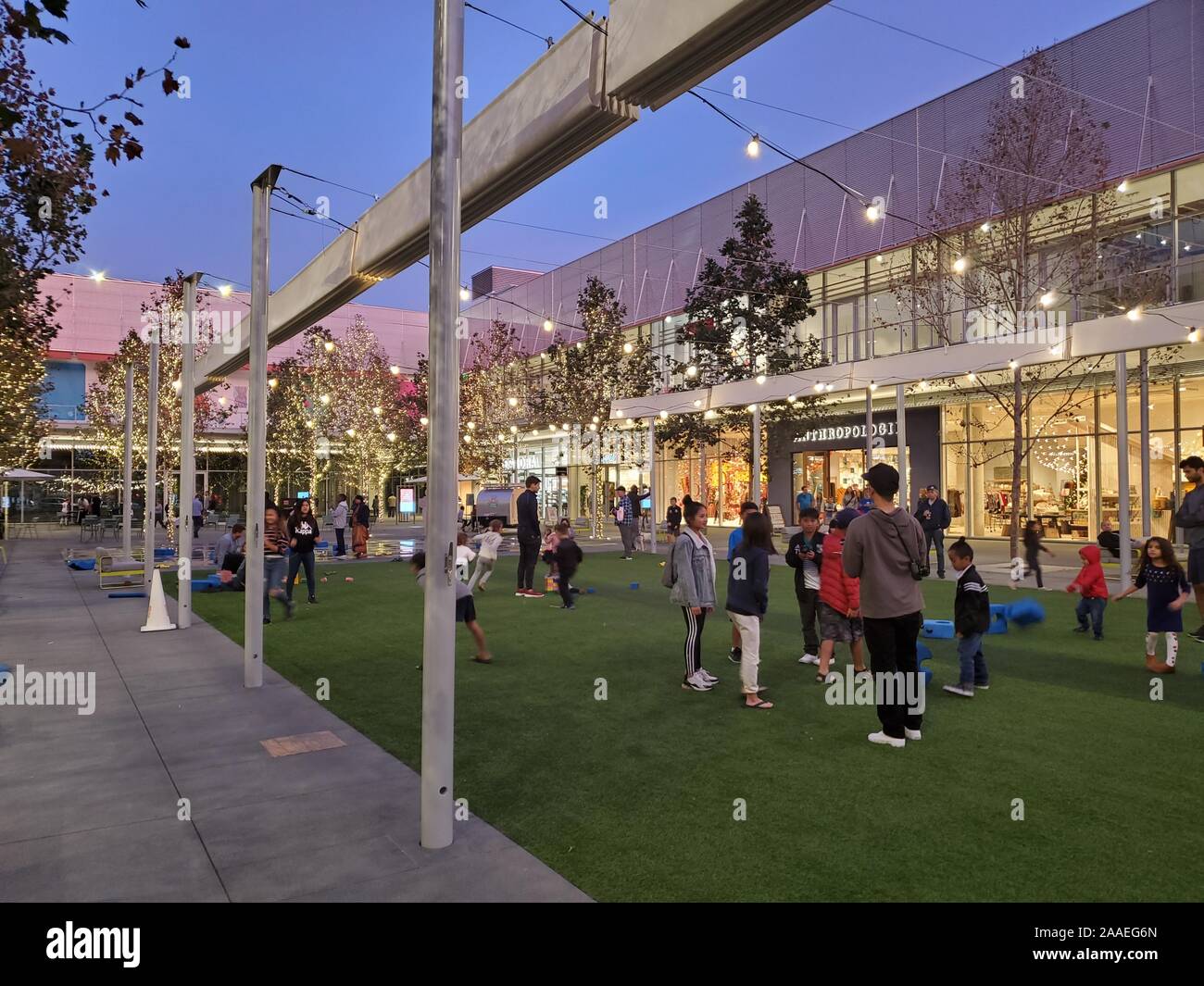 Night view of illuminated piazza at City Center Bishop Ranch, a project of famed Italian architect Renzo Piano in San Ramon, California, November 16, 2019. () Stock Photo