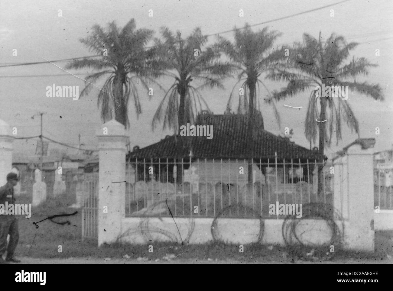 A uniformed serviceman walks past the open gate of a Buddhist temple with a tiled, hip and gable roof, stele and four palm trees in the front yard, and barbed wire leaning on the outer wall, Saigon, Vietnam, 1966. () Stock Photo