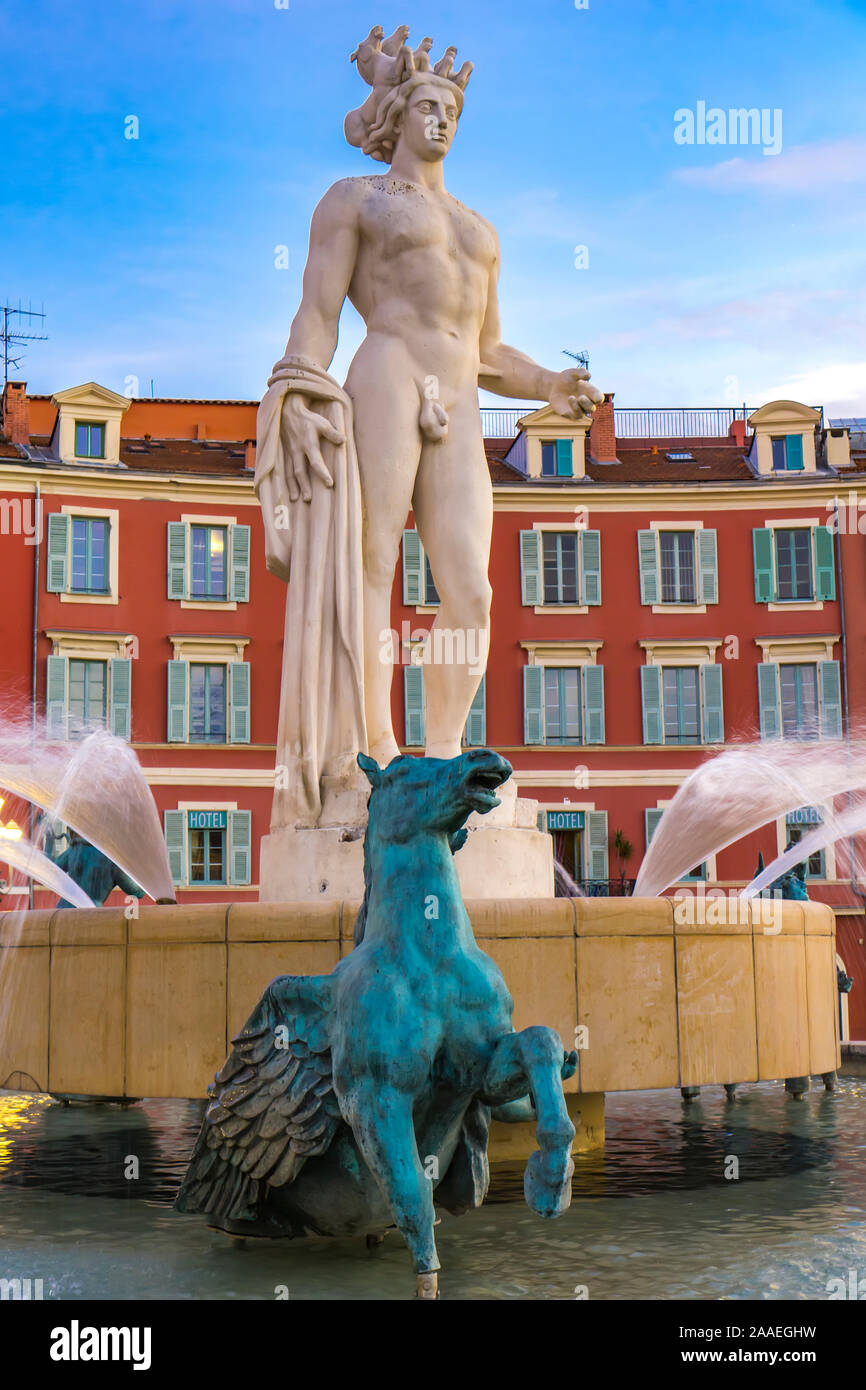 Detail of Apollo statue at Fountain of the Sun on the Place Massena in Nice, France Stock Photo