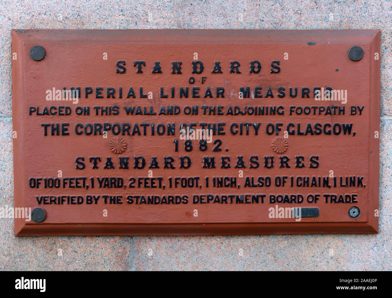 Standards of Imperial Linear Measures, Corporation of the city of Glasgow, 1882,plaque,George Square, Scotland, UK Stock Photo