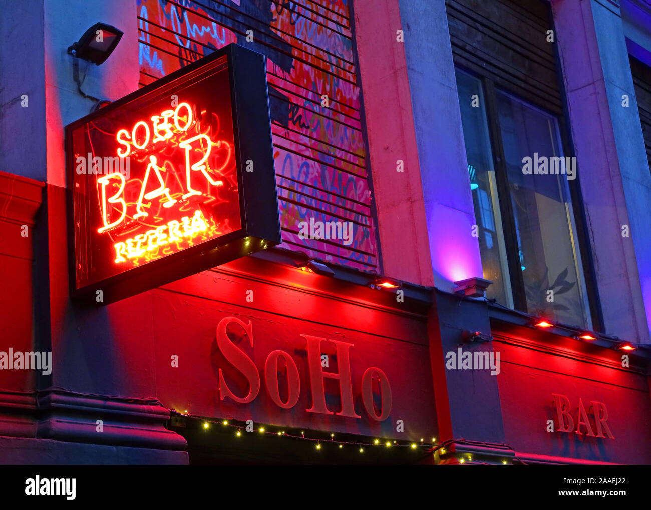 SoHo Bar, Soho Pizzeria & Cocktail Bar, red neon sign, 84 Miller St, City Centre, Glasgow, Scotland, UK, G1 1DT Stock Photo