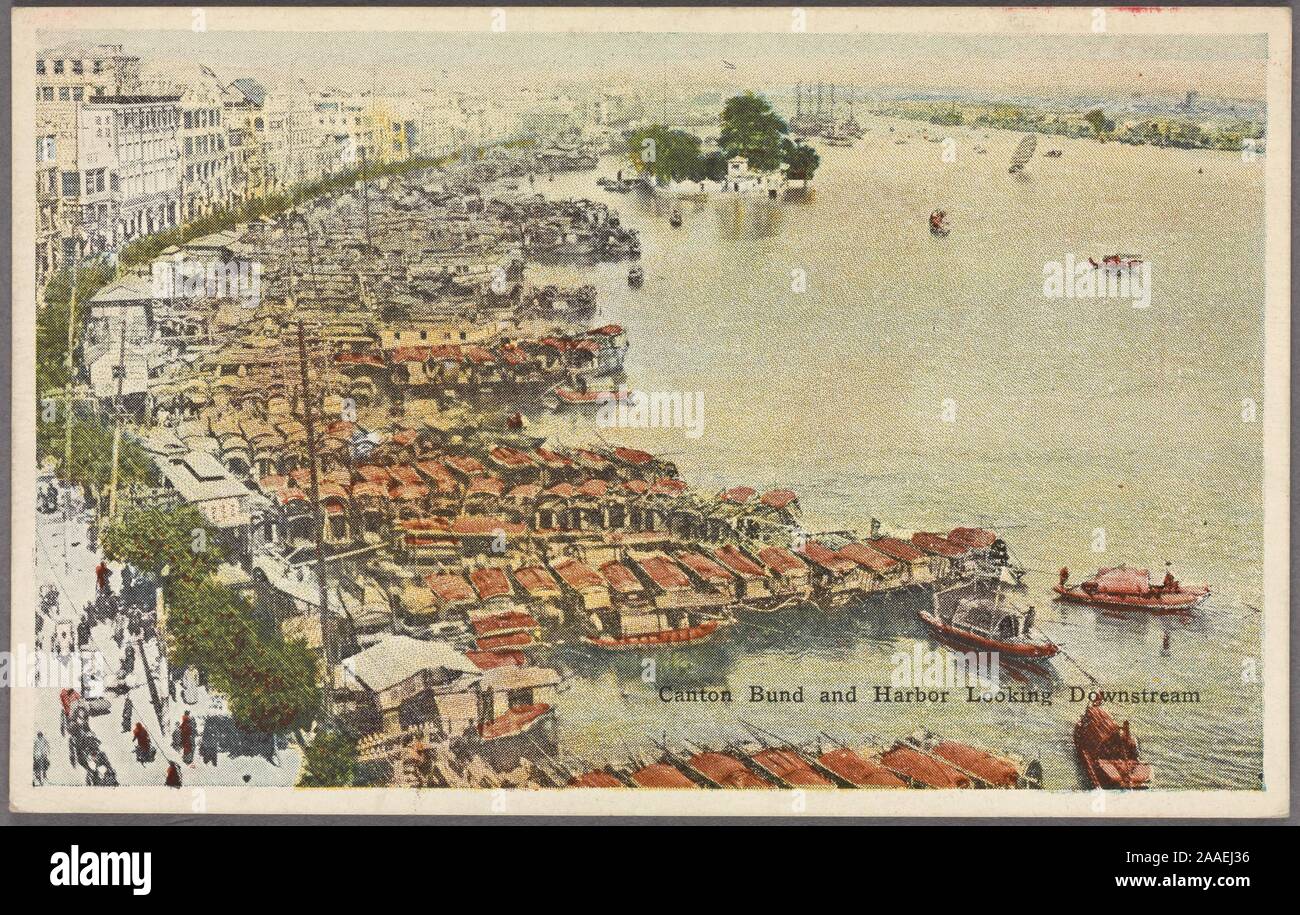 Illustrated postcard of an aerial view of the Bund and harbor at Canton, also known as Guangzhou 