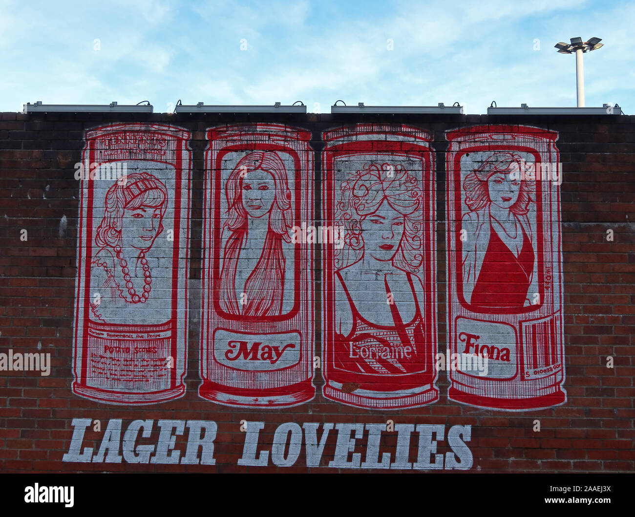 Tennents Lager Lovelies, Women on cans of Scottish lager, Fiona, May, painting artwork Glasgow East End, banned cans,Housewives Choice Stock Photo
