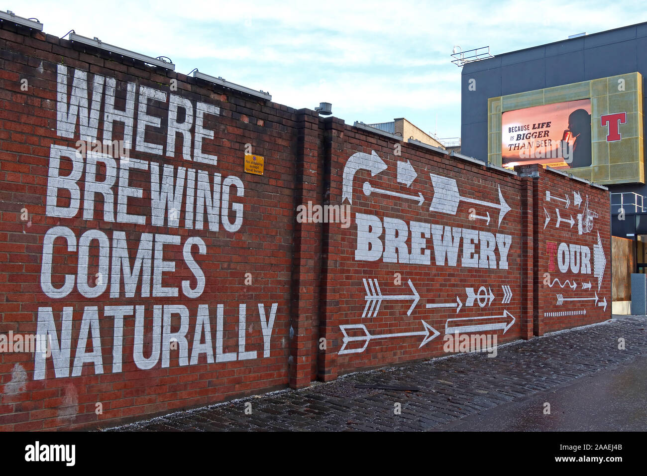 Wellpark Tennents Brewery,Where Brewing Comes Naturally,wall,Duke St, Glasgow, Scotland, UK,  G31 1JD Stock Photo