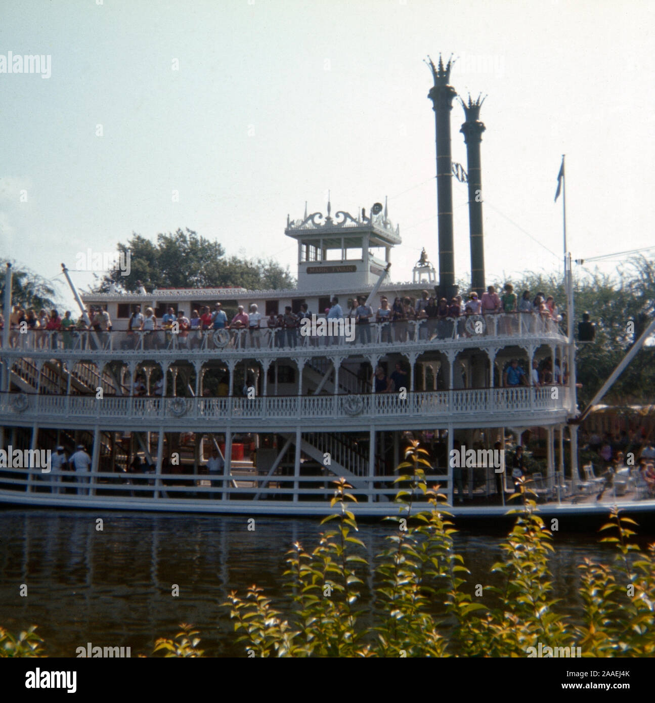 Vintage September 1972 photograph, the steamboat Mark Twain at Disneyland theme park in Anaheim, California. SOURCE: ORIGINAL 35mm TRANSPARENCY Stock Photo
