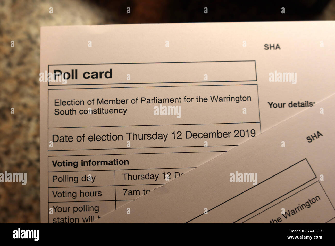 General Election Poll Card, Warrington South Constituency, Voting Information,polling day,polling station, Cheshire, England, UK Stock Photo