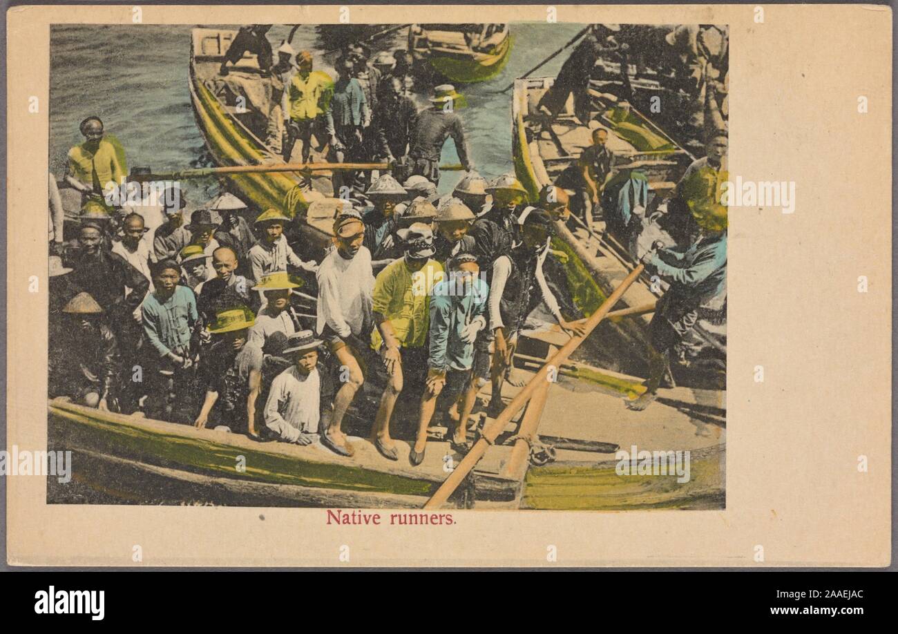 Illustrated postcard of a group of Chinese men standing in boats, employed by hotels and inns onshore to advertise their premises to arriving steamship passengers and provide escort, by photographer Mee Cheung, 1905. From the New York Public Library. () Stock Photo
