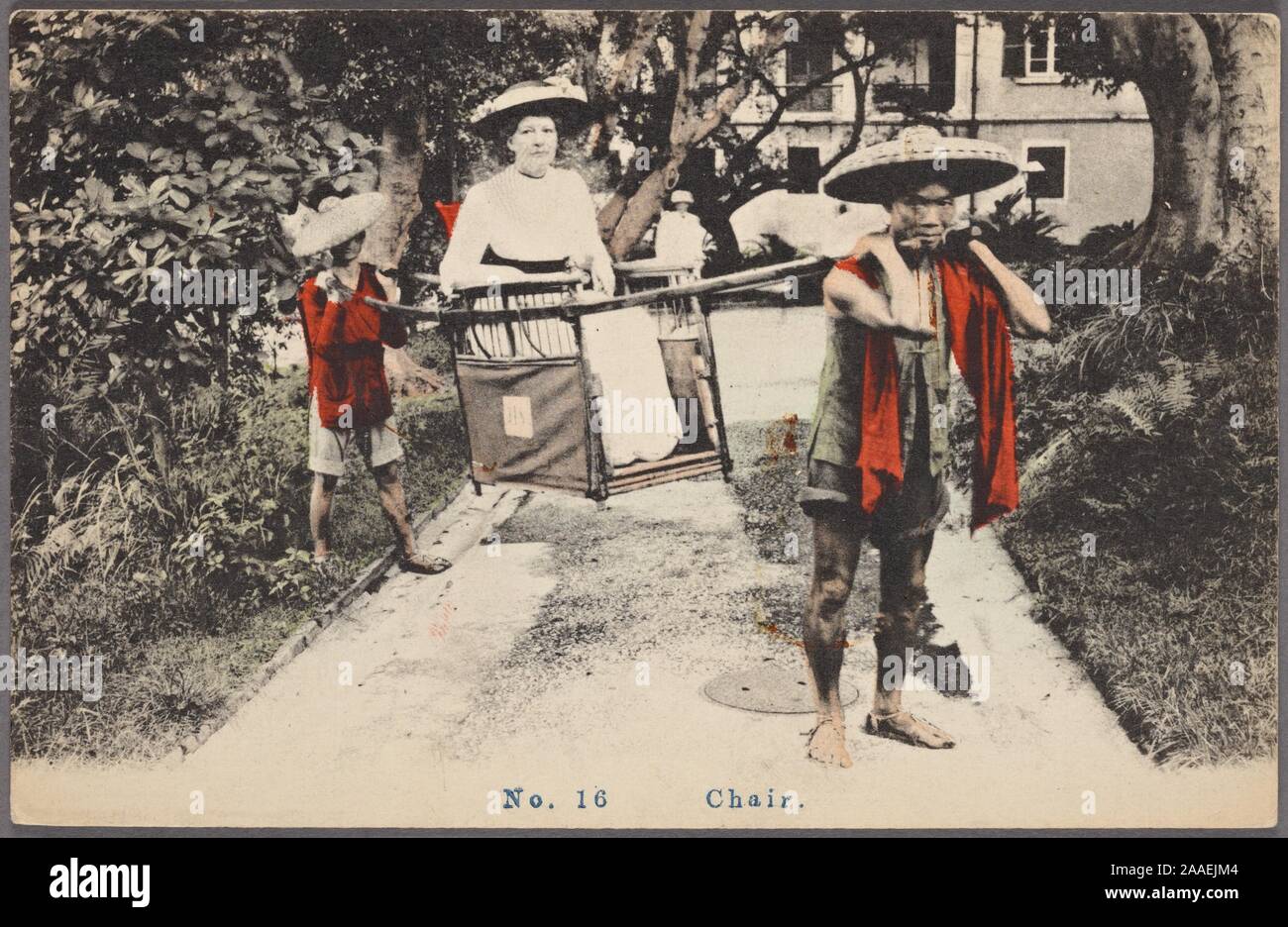 Illustrated postcard of two Chinese porters carrying a well-dressed upper-class lady in a sedan chair, surrounded by trees and greenery, 1912. From the New York Public Library. () Stock Photo